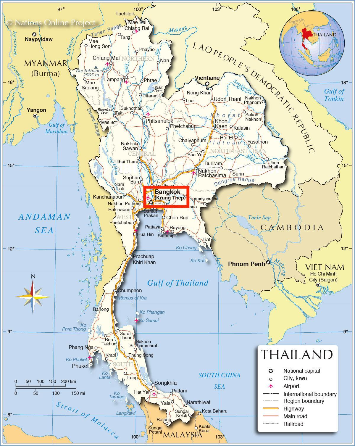 Bangkok (Krung Thep) op de kaart van Thailand